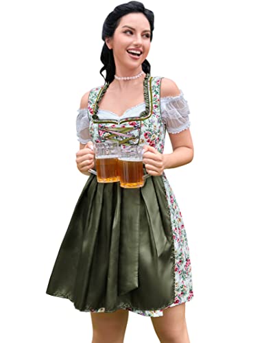 GloryStar Women's German Dirndl Dress Traditional Bavarian Beer Garden Oktoberfest Costumes 3 Pieces Green Summer M