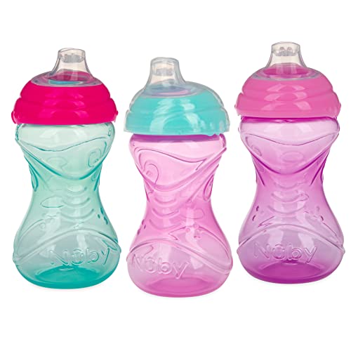 Nuby Clik-It Soft Spout No-Spill Easy Grip Sippy Cup for Girls - (3-Pack) 10 Oz - 6+ Months