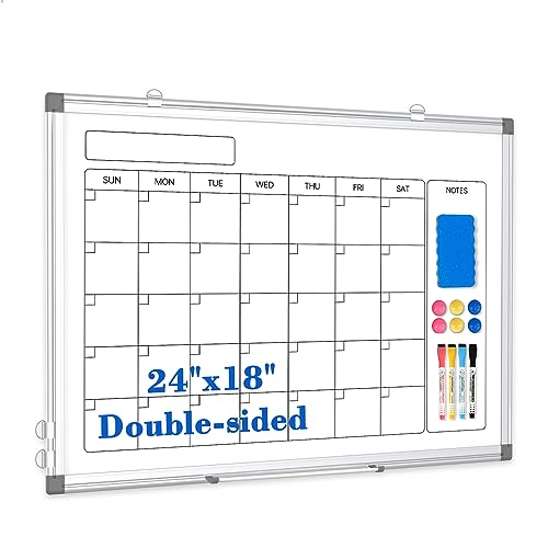 WALGLASS Monthly Calendar Dry Erase Whiteboard for Wall, 24" x 18" Magnetic Calendar White Board, Double-Sided Portable Board for Office, Kitchen, School, Home