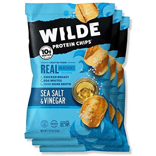 Sea Salt and Vinegar Protein Chips by Wilde, Thin and Crispy, High Protein, Keto Friendly, Made with Real Ingredients, 2.25oz Bag (3 Count)