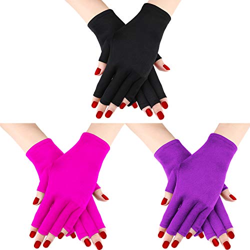 Syhood 3 Pairs UV Glove Gel Manicures Glove Anti UV Fingerless Gloves Hands from UV Light Lamp Manicure Dryer (Black, Purple, Rose Red)