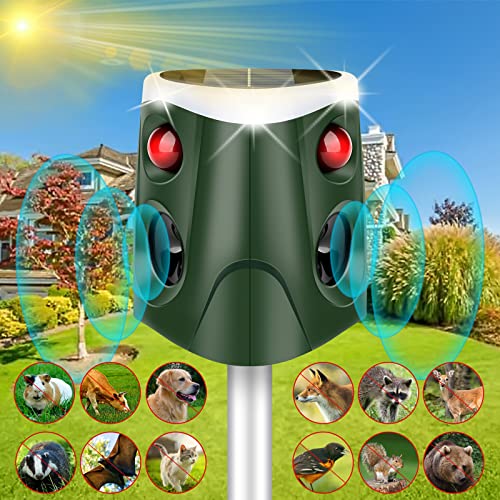 Solar Ultrasonic Animal Repeller, Outdoor 360 Animal Deterrent Solar Dog Chaser, Ultrasonic Solar Powered Animal Repeller Waterproof Animal Repeller Protect Farm for Dog, Cat, Bird, Rabbit, Raccoon