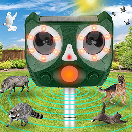 Ultrasonic Animal Repeller, Outdoor Animal Deterrent Solar Dog Chaser, Ultrasonic Solar Powered Animal Repeller Waterproof Owl Animal Repeller Protect Farm for Dog, Cat, Bird, Rabbit,Raccoon