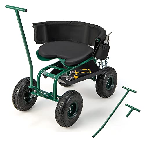 Giantex Garden Cart, Rolling Workseat with 4 Wheels, Tool Tray, Removable Cushion, Storage Basket, 2 Handles, Adjustable Height & 360 Swivel Work Seat, Gardening Stool for Patio Lawn Garden Yard