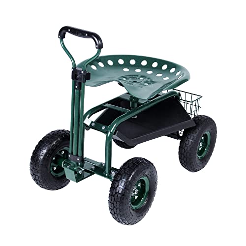 Endynino Rolling Garden Cart Wagon Scooter Lawn Yard Patio Work Seat Gardening Stool Cart with Extendable Steer Handle and Storage Basket, Adjustable 360 Swivel Seat Outdoor, Green