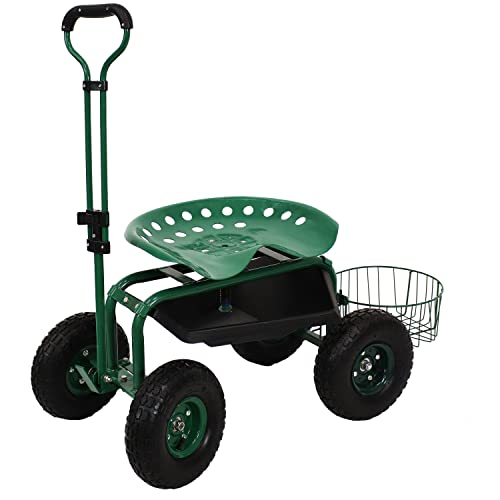 Sunnydaze Garden Cart Rolling Scooter - Features Extendable Steer Handle, Swivel Seat and Utility Tool Tray - Green