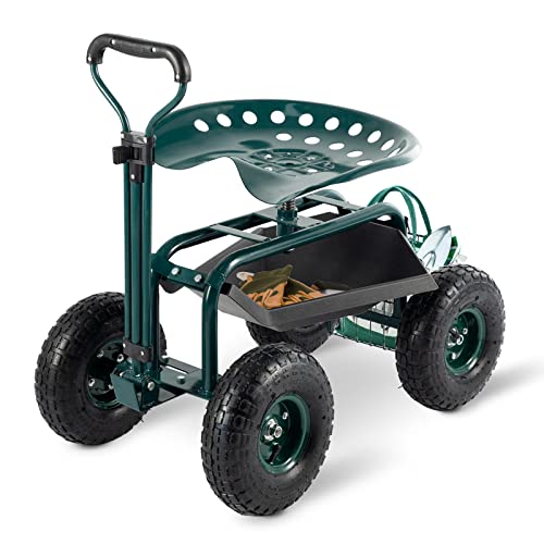 Garden Cart with Seat Outdoor Gardening Carts Heavy Duty Rolling Garden Stools Scooter with Handle and Storage for Seniors, Green