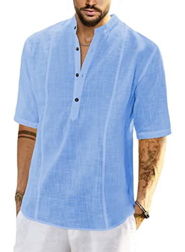 JMIERR Mens Casual Cotton Linen Texture Henley Shirt Short Sleeve Button Down Shirt Summer Beach Tropical Cruise Shirts US 40(M) Sky Blue