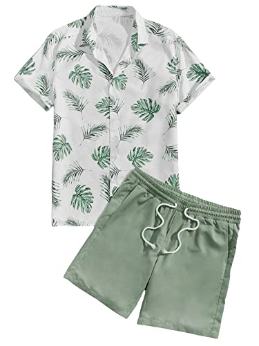 Verdusa Men's 2 Piece Outfit Tropical Print Shirt and Drawstring Waist Shorts Sets Green M