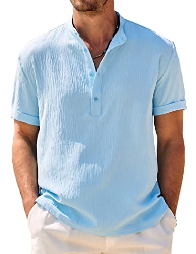 COOFANDY Men Henley Linen Shirt Beach Wear Short Sleeve Casual Mandarin Shirt Light Blue