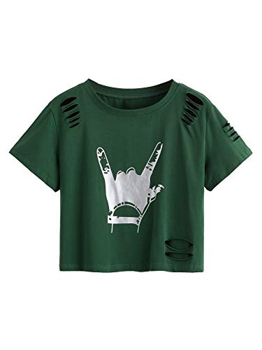 SweatyRocks Women's Short Sleeve T Shirt Graphic Print Distressed Crop Top Gesture Green Large