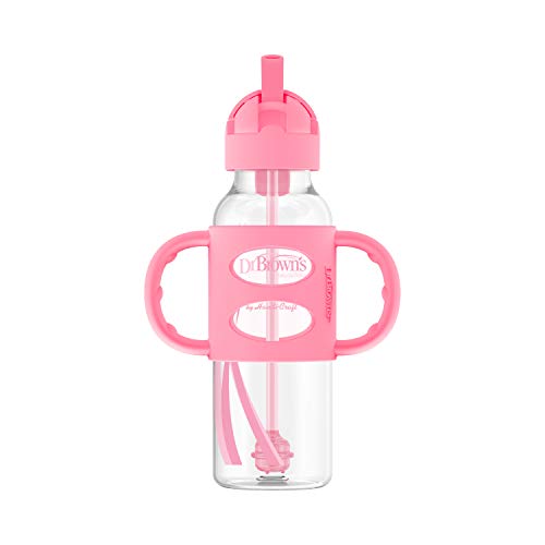 Dr. Brown's Milestones Narrow Sippy Straw Bottle with 100% Silicone Handles, 8oz/250mL, Pink, 1 Pack, 6m+