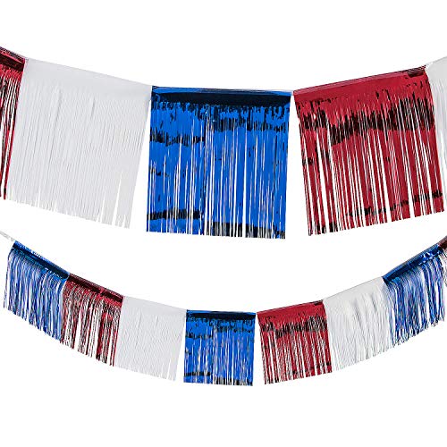 Fun Express Foil Patriotic Fringe for Fourth of July Party Decorations - 24 Ft Foil Fringe for Quick Decor - Make Your Parade Decorations with Red, White, & Blue - Durable Metallic Fringe, Quick Setup
