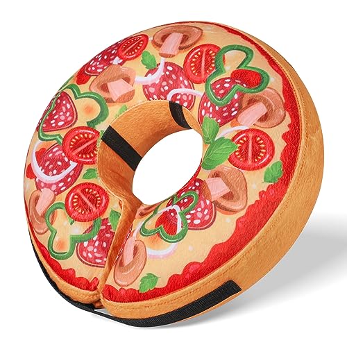 Grand Line Pizza Inflatable Collar for Dogs and Cats, Soft Protective Recovery Cone After Surgery, Blow up Pet Donut Collar Cone, E-Collar Alternative Does not Block Vision (Cartoon, Medium)