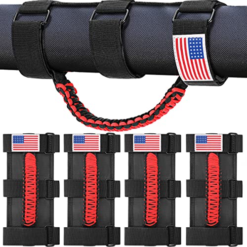 moveland 4 Pack Roll Bar Grab Handles, Paracord Grip Handles for 1955-2023 Jeep Wrangler JL, JK, TJ, YJ & Jeep Gladiator Accessories - Upgrade Metal Buckle, Strong & Durable (RED)