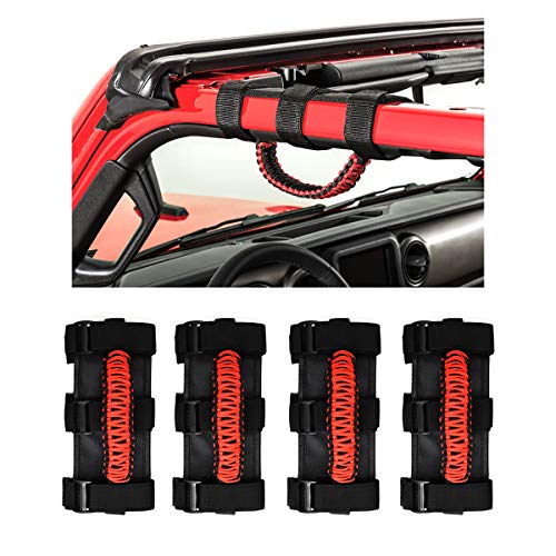 YMHHefy Roll Bar Grab Handles Straps Handles Compatible with Jeep Wrangler YJ TJ JK JL & Gladiator JT 1985-2022 Black with Red Grip Handles 4Pcs