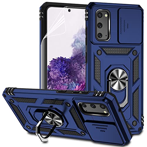 for Samsung Galaxy S20 Case with Camera Lens Cover HD Screen Protector, Dual Layer Military-Grade Drop Tested Magnetic Ring Holder Kickstand Protective Phone Case for Samsung Galaxy S20 5G (Navy Blue)