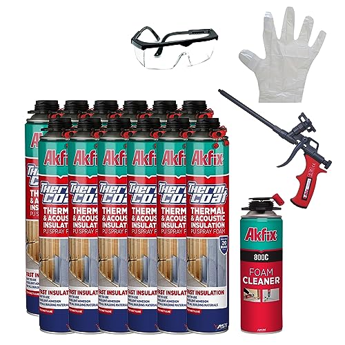 Akfix Thermcoat Spray Foam Insulation Kit- Insulation Foam Spray, Polyurethane Spray Foam, Heat Insulation Spray, Acoustic Spray, Self Expanding Foam, Foam Insulation Can, Gun/Cleaner INCLUDED 12 Pack