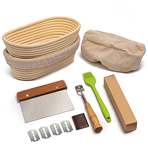 Rorecay Banneton Bread Proofing Baskets Set of 2, 10 Inch Oval Cane Sourdough Bread Rising Basket Bowls with Sourdough Bread Lame Dough Scraper Basting Brush for Sour Dough Proofing Fermentation