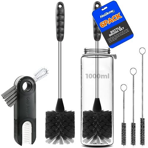 Holikme 6 Pack Bottle Brush Cleaner Set, 14" Long Handle Stainless Steel Bottle Cleaner Brush, 3 Straw Brushes, Portable 3-in-1 Bottle Cleaning Brush for Water Bottle, Cups, Baby Bottle, Straws Black