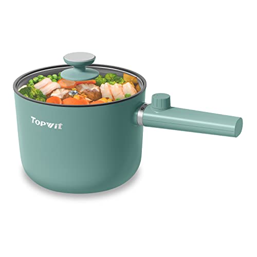 Topwit Hot Pot Electric, 1.5L Ramen Cooker, Portable Non-Stick Frying Pan for Pasta, Steak, BPA Free, Electric Pot/Cooker with Dual Power Control, Over-Heating & Boil Dry Protection, Green