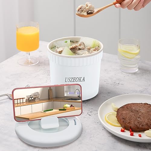 Portable electric pot,White 110V,Ramen pot,Small crock pot,Intelligent heat preservation,Mini hot pot,Cook various dishes,rapid ramen cooker,Noodle pot,Lid cell phone holder,Happiness while eating