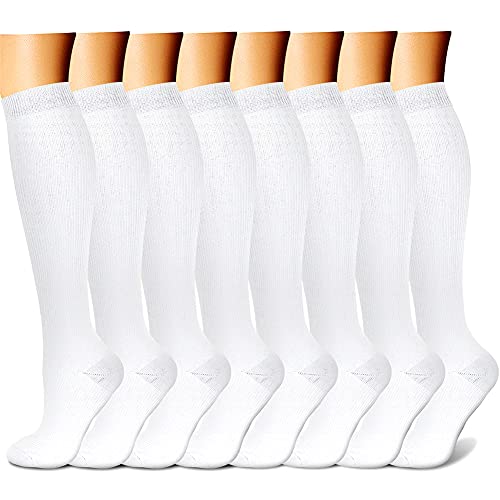 CHARMKING Compression Socks for Women & Men (8 Pairs) 15-20 mmHg Graduated Copper Support Socks are Best for Pregnant, Nurses - Boost Performance, Circulation, Knee High & Wide Calf (S/M, White)