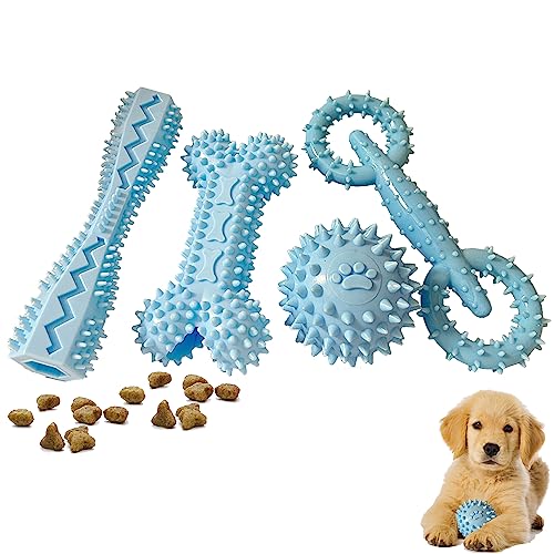 4 Pack Puppy Toys for 2-8 Months Teething Pets Dog Chew Toy Puppies Teeth Cleaning Teething Toy Food Dispensing Soft Rubber Bone Funny Ball Interactive Donut Treat Dumbbell for Small Medium Dogs Blue