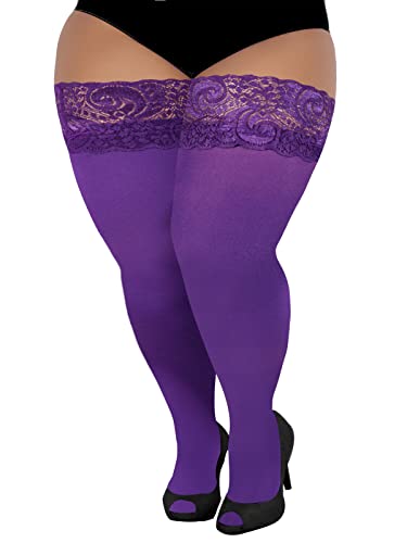 LOUSGUTA Plus Size Thigh High Stockings Silicone Lace Top Stay Up 55 Den Nylon Women's Sheer Thigh Highs Over the Knee (Violet)