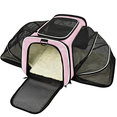 Cat Carrier Airline Approved Pet Carrier, Expandable Foldable Soft-Sided Dog Carrier, 3 Open Doors, 2 Reflective Tapes, Pet Travel Bag Safe and Easy for Cats and Dogs(Pink)