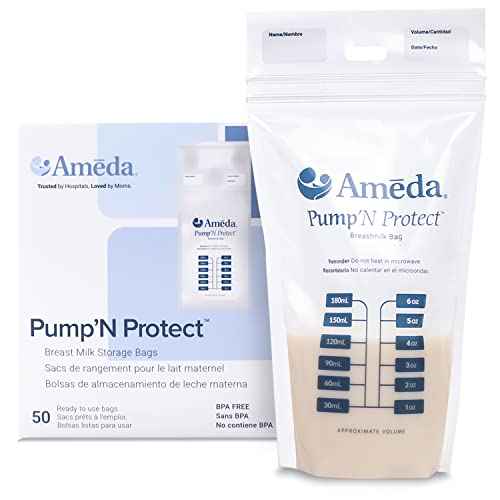 Ameda Pump'N Protect Breastmilk Storage Bag 6oz, 50pc, Baby Essentials, Breastfeeding Supplies, Resealable Breast Milk Storage Bags for Refrigerator or Freezer, BPA Free