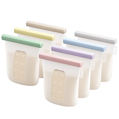 Nuliie 7 Pcs Silicone Breastmilk Storage Bags Reusable, 8oz/240ml Double Leak-Proof Breastmilk Freezer Bags, BPA Free Self-Standing Milk Bags for Breastfeeding, Baby Food Pouches