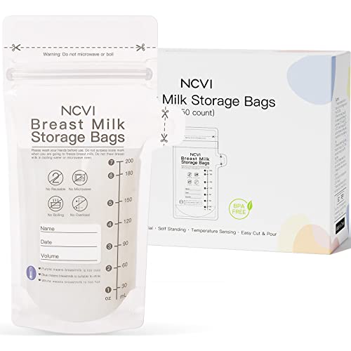 NCVI Breastmilk Storage Bags, 50 Count Milk Storage Bags for Breastfeeding, 7oz Breast Milk Storage Bags with Temp-Sensing, Doubled-Sealed, Hygienically, Self Standing, Easy Pour Spout, BPA Free
