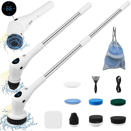 Electric Spin Scrubber,Sofrose 8 in 1 Cordless Power Shower Scrubber with Night Light,Angel & Length Adjustable 3 Speeds Electric Cleaning Brush with 8 Brush Heads for Bathroom Tub and Tile Floor