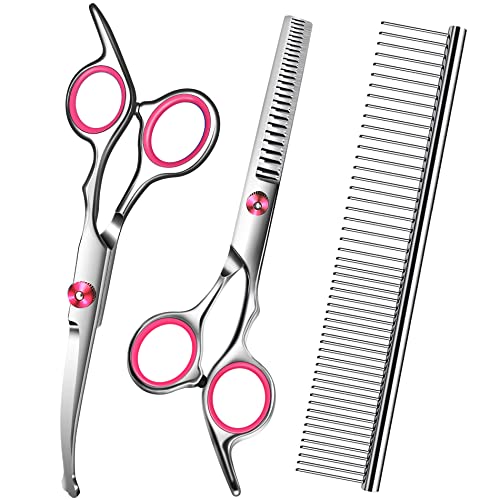 Pink Dog Grooming Scissors with Safety Round Tip,Pet Grooming Kit,Dog Shears Set,Incude Thinning,Curved Grooming Scissors and Comb for dogs, cats.Suitable for The Right Hand