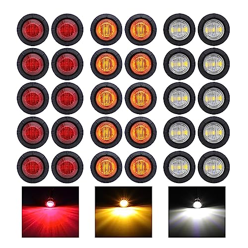Ledvillage Pack of 30 3/4 Inch Mini Round 10 Amber + 10 Red + 10 White 3 LED Trailer Side Marker Button Lights Clearance Signal Lamp Boat Lorry Truck Pickup Bus 12V DC