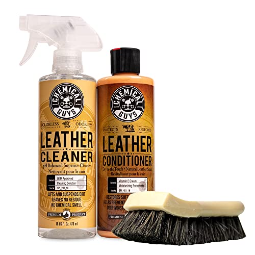 Chemical Guys SPI_109_16BLeather Cleaner and Conditioner Complete Leather Care Kit (2 - 16 fl oz Bottles) +ACC_S95Long Bristle Horse Hair Leather Cleaning Brush, 1 Pack