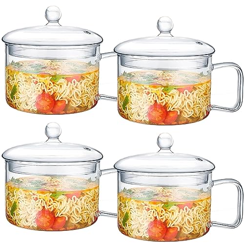 Tanlade 4 Pcs 45.7 Fl oz Glass Ramen Bowl with Lid and Handle Glass Noodles Bowl Glass Soup Bowl with Lid Glass Pots with Chopsticks Spoons and Forks Set for Cooking Cereals Fruits Soup Microwave