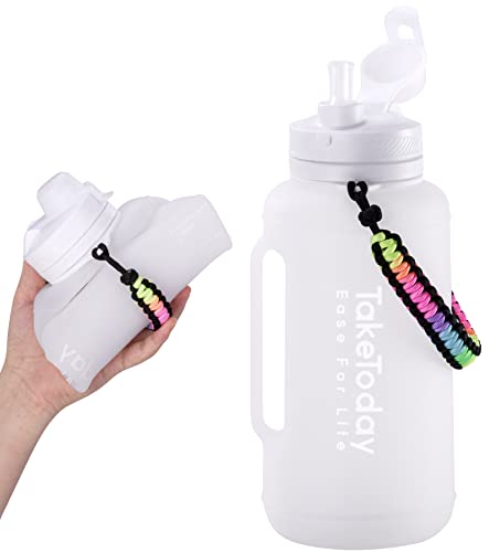 TakeToday 68 oz Collapsible Water Bottles With Straw, Half Gallon Water Bottle With Motivational Time Marker, Large Reusable Silicone Water Jug With Paracord Handle For Sports, Outdoors (White)