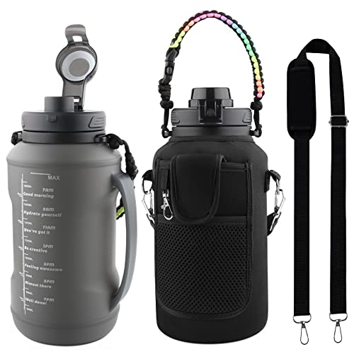 HUISPARK Collapsible Water Bottles with Sleeve, 64 OZ/Half Gallon BPA Free Leak-Proof Motivational Silicone Foldable Water Jug With Time Marker, Handle Wide-mouth For Camping, Traveling, Hiking, Gym-Grey