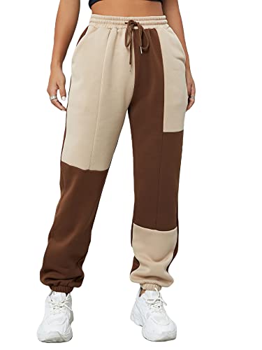 WDIRARA Women's Color Block Sweatpants Drawstring Waist Casual Pants with Pockets Brown and Beige S