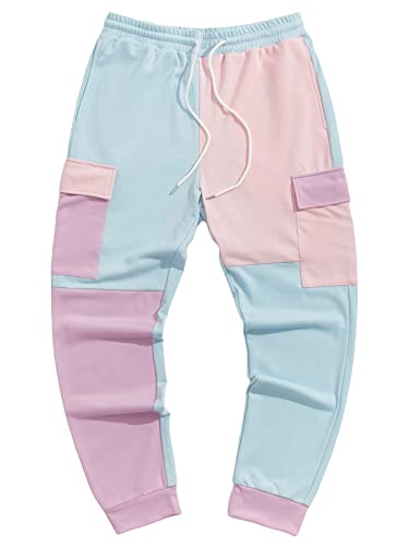 GORGLITTER Men's Colorblock Patchwork Cargo Pants Drawstring Sweatpants Streetwear Cargo Jogger with Flap Pockets Small Blue and Pink