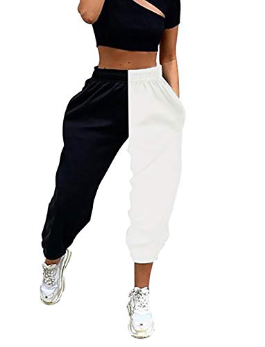 Meladyan Women's Elastic High Waist Joggers Baggy Pants Color Block Sweatpants with Pockets (Small, Black&White)