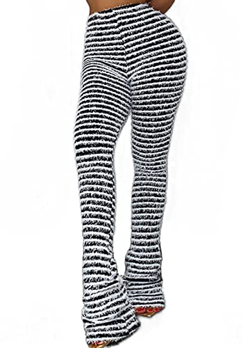 Molisry Women's Stacked Leggings Pants Fringe High Waist Tight Striped Tassel Sweatpants Fuzzy Hip Lift