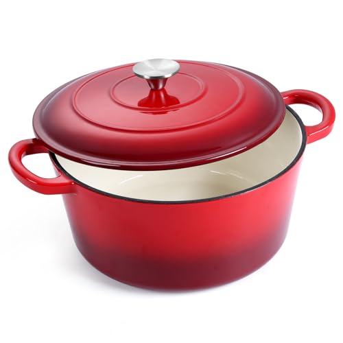 Enameled Cast Iron Dutch Oven with Lid, E-far 6 Quart Round Dutch Oven Pot Nonstick Cookware for Braising, Stews, Roasting, Bread Baking, Cooking, Heavy Duty, Induction & Oven Safe - Red