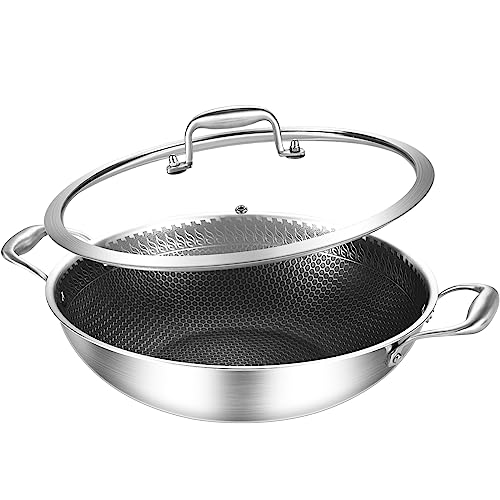 DELARLO Whole body Tri-Ply Stainless Steel 12 inch Honeycomb Wok Pan With steel cover, Oven safe induction Stir-Fry Pans skillet,Suitable for All Stove