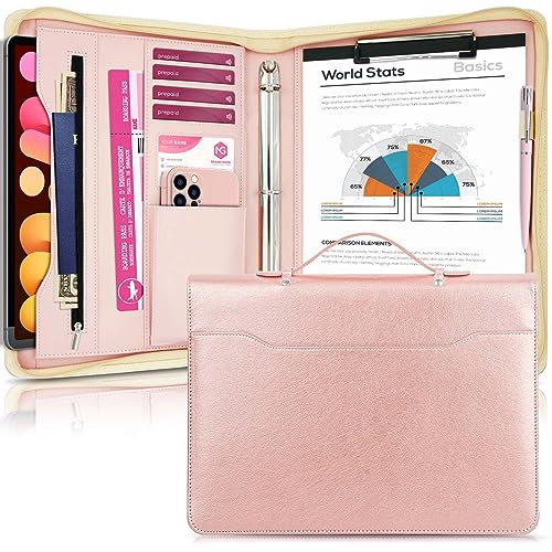 Zippered Leather Padfolio Portfolio with Handle and Clipboard, 3-Ring A4 Size Interview Legal Conference Document Organizer, Business Card Holder Portfolio Bag for Men/Women (Rose Gold)