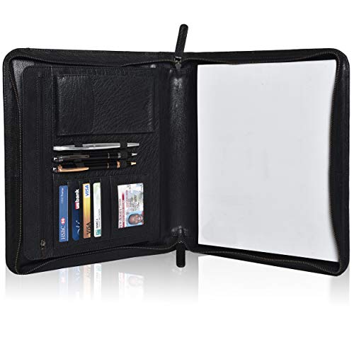 Leather Portfolio for Men and Women - Multi Pocket Zippered Padfolio Folder (Midnight)