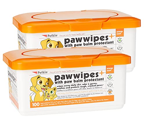 Petkin Paw Wipes Plus, 200 Orange Scented Wipes, 2 Pack - Absorbent Pet Paw Wipes Remove Daily Dirt & Odors - Enriched with Paw Balm Protectant -Easy to Use Pet Wipes for Dogs, Cats, Puppies & Kittens