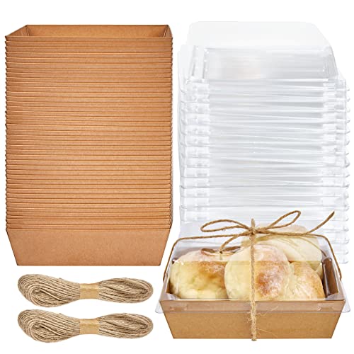 ZORRITA 50Pack Paper Charcuterie Boxes with Clear Lids and 109yd Twine Square Disposable Food Containers Bakery Boxes for Swiss Roll, Sandwich, Strawberries, Slice Cake, Cookies (Brown)